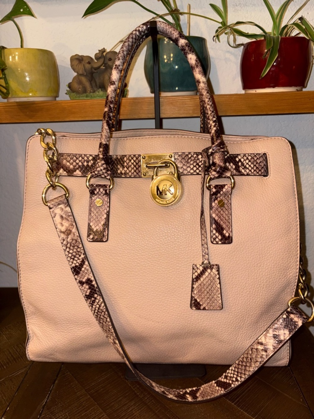 Michael Kors Hamilton Satchel Snake Trim Lock Bag Blush Beige